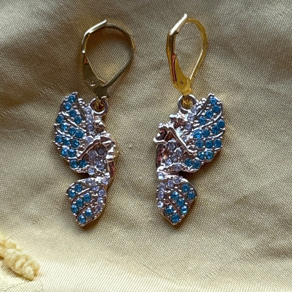 Elegant Man & Woman couple Gold and Blue Winged gemstone angel fairy Earrings